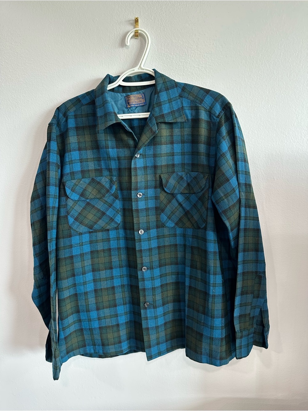 Vintage Pendleton 100% Virgin Wool Blue Green Plaid Button Front Shirt USA